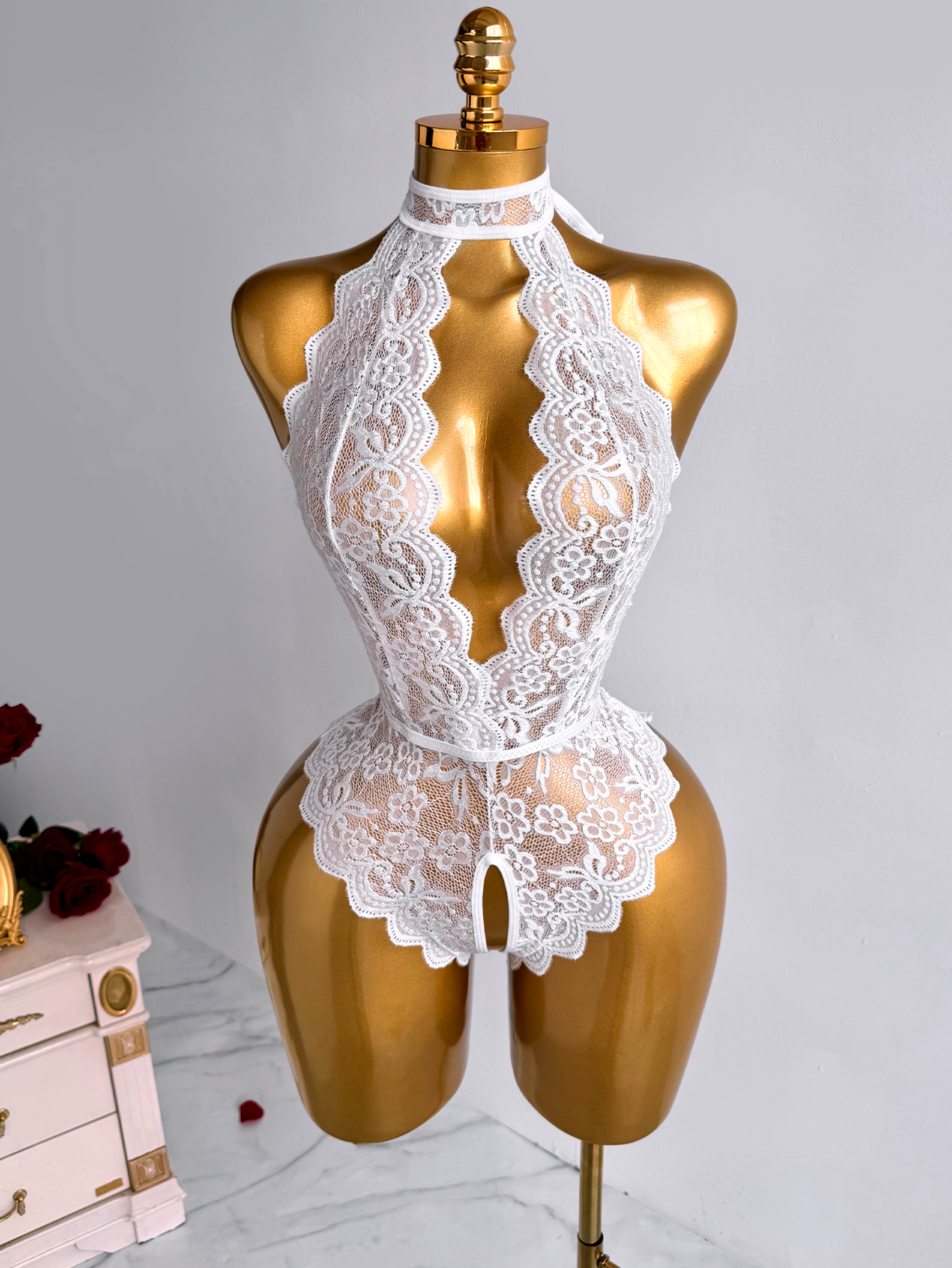 White Halter Neck Floral Lace  - Lace Teddy Lingerie incelemesi ve fiyatı