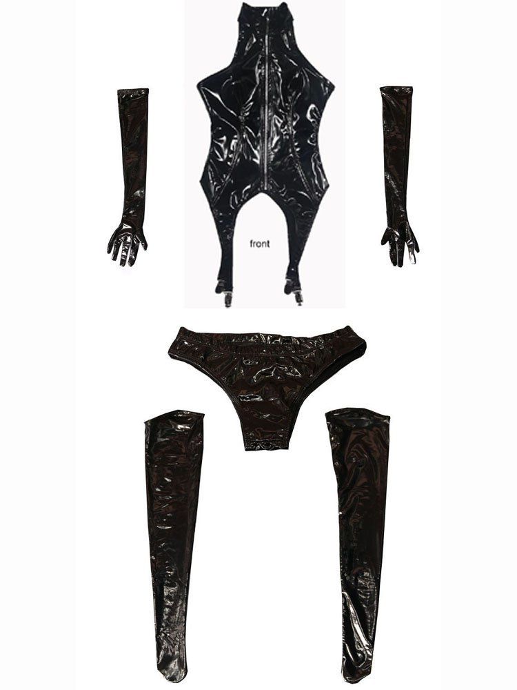 4PCS/SET Wet Look PVC Catsuit  - Garter Belt Set incelemesi ve fiyatı
